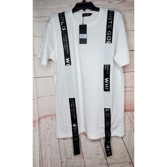 Rare Gold Leaf Large White Black Strap Design Crew Neck Designer T-Shirt - Picture 12 of 12